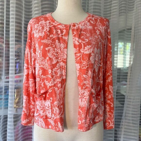 NWT Issac Mizrahi Live! Coral Floral One Button Cardigan Sweater Women’s Medium - Picture 4 of 10